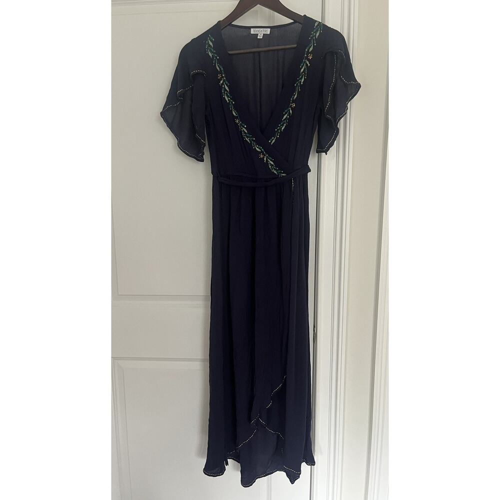 Patrons of Peace maxi dress Sz. XS floral detail flare sleeves Tie Waist blue